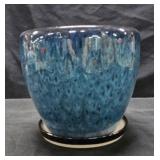 Blue Ceramic Glazed Planter Pot w Saucer