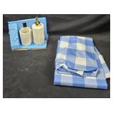 Shower curtain, soap pump bottle and bath cup