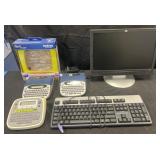 Group of electronics: label makers, monitor &