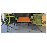 2 camp chairs and collapsible camp table