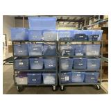 2 metal rolling racks and 26 storage tubs, each
