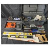 2 toolboxes and tools, levels, saw, screwdrivers,