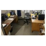 2 desks and 2 wood shelves & chair, contents NOT