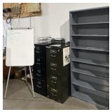 Metal shelf, 2 file cabinets & dry erase board,