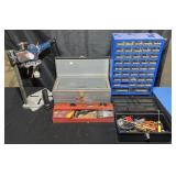 2 tool boxes with tools, drill press and nut &