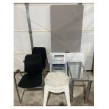 2 plastic folding tables, 2 chairs, 2 step stools