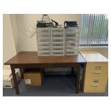 Wood table, metal file cabinet, 3 plastic