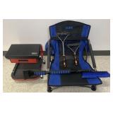 Camp chair, mobile shop stool, ice scraper and