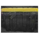 Black plast8c storage totes w/ yellow lids. Set