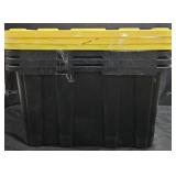 Black plastic storage totes w/ yellow lids. Set