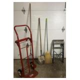 Hand truck, step ladder, broom, shovel & rake
