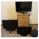 3 TV's, antenna and locking 2-drawer file