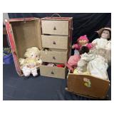 Vintage cradle, dolls and trunk