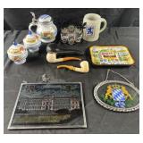 Group of German themed items, pipes, stein, shot