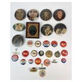 Group of vintage buttons & more, Elvis, Nixon,