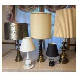 5 table lamps, milk glass, brass and wood,