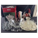 Porcelain soup tureen, glass punch bowl and cups