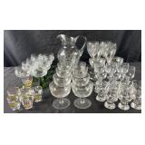 Group of decorated glassware, pitcher, wine