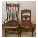 2 antique wooden chairs with cane seats, 32'-42'