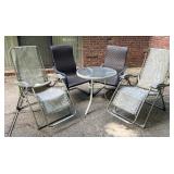 2 Patio chairs, table and 2 reclining chairs