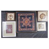 5 framed wall art, wood carved, embroidery and