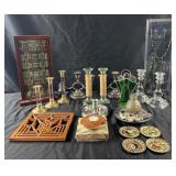Group of decorative accessories, candlesticks,