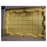 27 gallon plastic totes w/ lids. Set of 4. Some