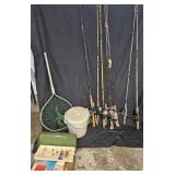 Fishing poles, metal tackle box, minnow bucket,