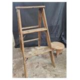 Wooden 2 step ladder and small wooden stool