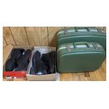 2 vintage suitcases & 2 pair of shoes, size 12