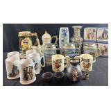 Group of decorated porcelain, tankards, steins