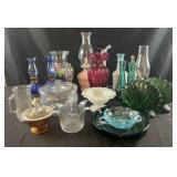 Group of oil lamps and decorated glass