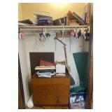 Contents of bedroom closet, drop leaf table with