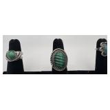3 Navajo Sterling and Malachite rings, sizes: 2,
