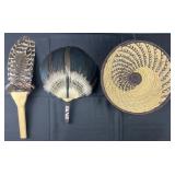2 Native American feather fans and woven bowl,