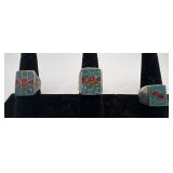 3 Navajo Sterling Coral & Turquoise rings, sizes: