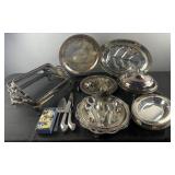 Group of silver plate tableware, trays, casserole