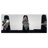 3 Navajo Sterling Coral & Turquoise rings, sizes: