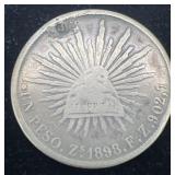 1898 Silver Cap and Rays Mexican Peso, .85 oz