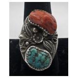 Navajo Sterling, Turquoise and Coral Ring, size: