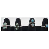 4 Navajo Sterling and turquoise rings, sizes: 4,