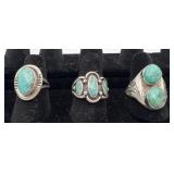 3 Navajo Sterling and Turquoise rings, sizes: 5,