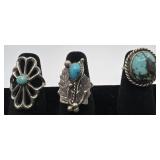 3 Navajo Sterling and turquoise rings, sizes: 3,