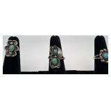3 Navajo Sterling & Turquoise rings, sizes: 2