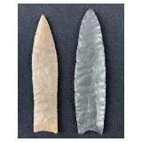 2 Native American points in display case, one