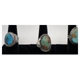 3 Navajo Sterling and Turquoise rings, sizes: 6,