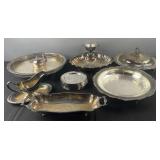 Group of silver plate, shell serving platter,