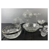 Group of decorated glass, compotes, bowls,