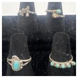 4 Navajo Sterling & Turquoise rings, sizes: 5