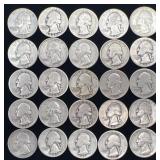 25 Washington Silver Quarters, 4.89 oz Troy